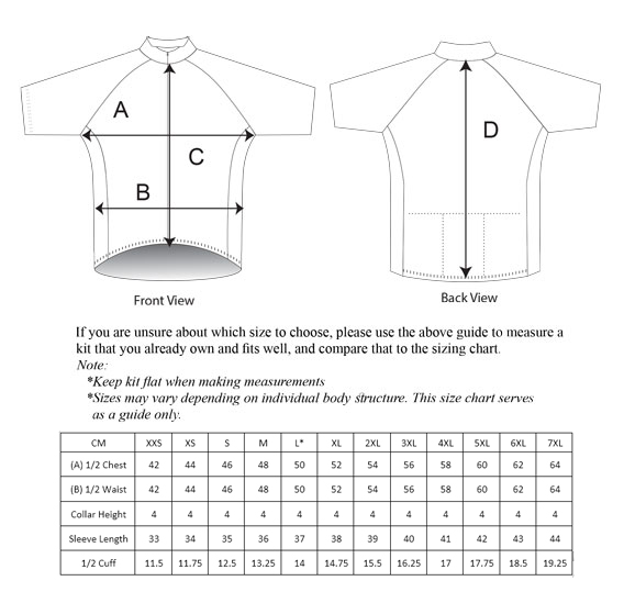 TOGO920 Jersey Sizing Chart